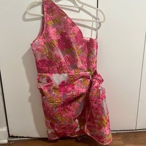 One shoulder pink floral mini dress